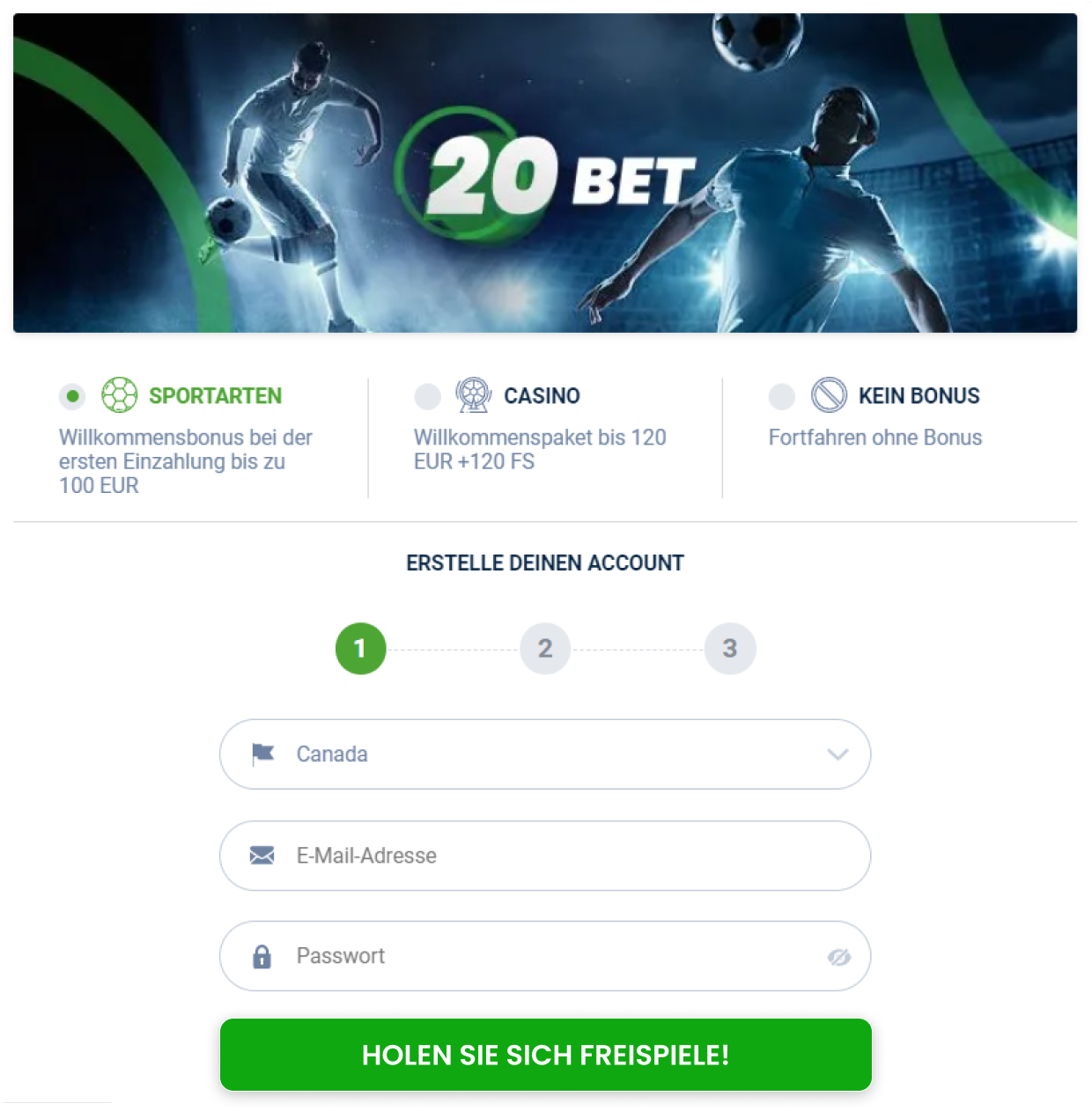 20BET Registrierungsschritte