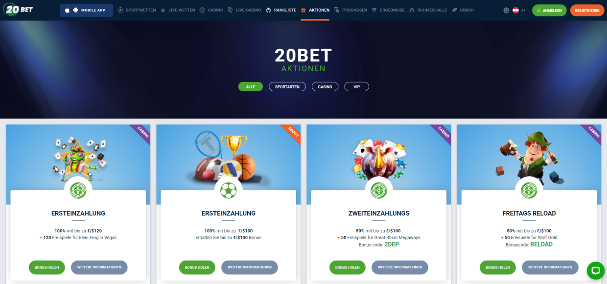 20BET Willkommensbonus-Angebote